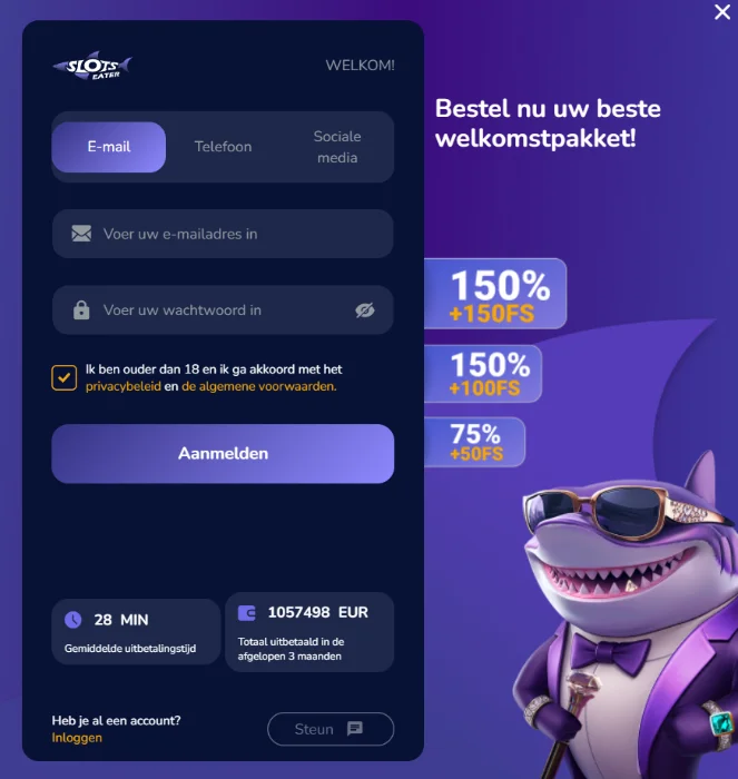 Slots Eater Casino registratieformulier met welkomstbonus en aanmeldscherm